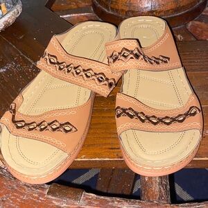 Brown and Tan Sandals with Embroidered Design